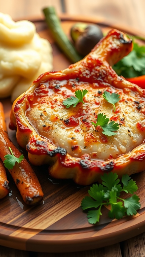 Oven-baked pork chops garnished with parsley on a cutting board, alongside roasted vegetables and mashed potatoes.